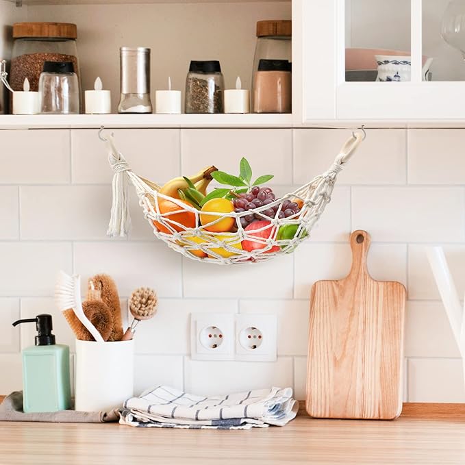 Hanging Fruit Hammock with Hooks, Hanging Fruit Basket Under the Kitchen Cabinet for Storing Banana Fruits, Hand-Woven Hanging Basket, Valentine's Gifts for Kitchen Décor, Oval