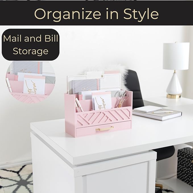 BLU MONACO | Pink Desk Organizers Wooden Mail Organizer with Drawer | Mail Sorter Organizer Countertop Gold Handle | Desk Organizers and Accessories Pink Office Storage