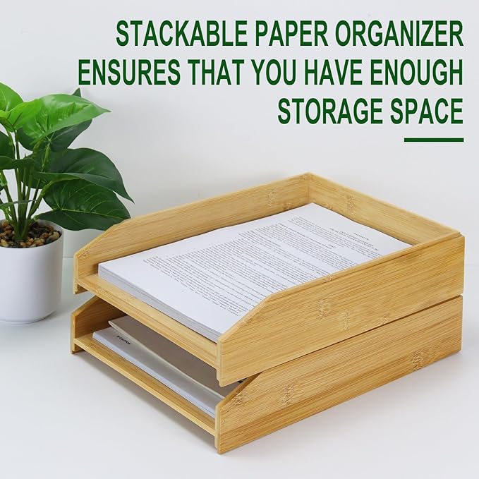 Multibey A4 Bamboo Stackable Paper Tray 2-Pack, 2-Tier Anti-Toppling Desk Organizer, Wooden Letter Document Magazine Tray Desktop File Folder Holder for Office & Home Supplies