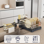 Dish Drying Rack, 304 Stainless Steel Dish Racks for Kitchen Counter with Cutlery Holder & Sponge Holder, Large Dish Drainer with Removable Drainboard, 11.8''W x 16.7''L (Stainless Steel)