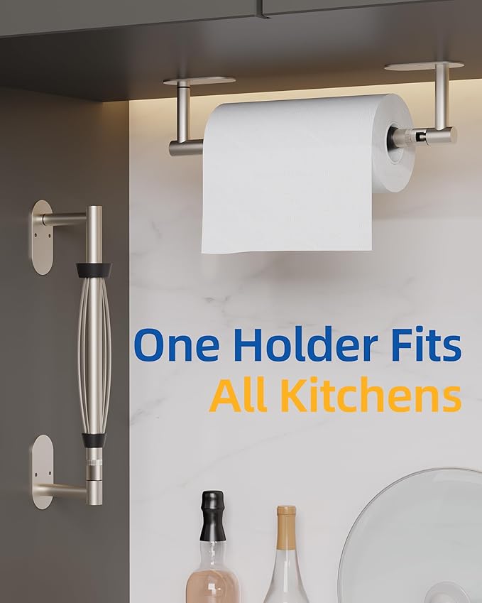 RUACQ Paper Towel Holder Under Cabinet, One Hand Tearing Paper Towel Holder with Damping Effect, Wall Mount & Adhesive Stainless Steel Paper Roll Holder for Kitchen Bathroom (Brushed Nickel)
