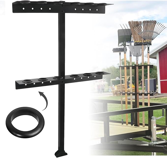Trailer Tool Rack Shovel Holder - Shovel Rack for Trailer with 6 Tool Holes with Rubber Grommets, Classical Black