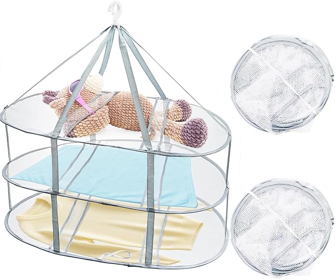Jucoan 3 Pack 3-Tier Lay Flat Sweater Drying Rack, Folding Mesh Clothes Drying Rack for Toys, Sweaters, Delicates