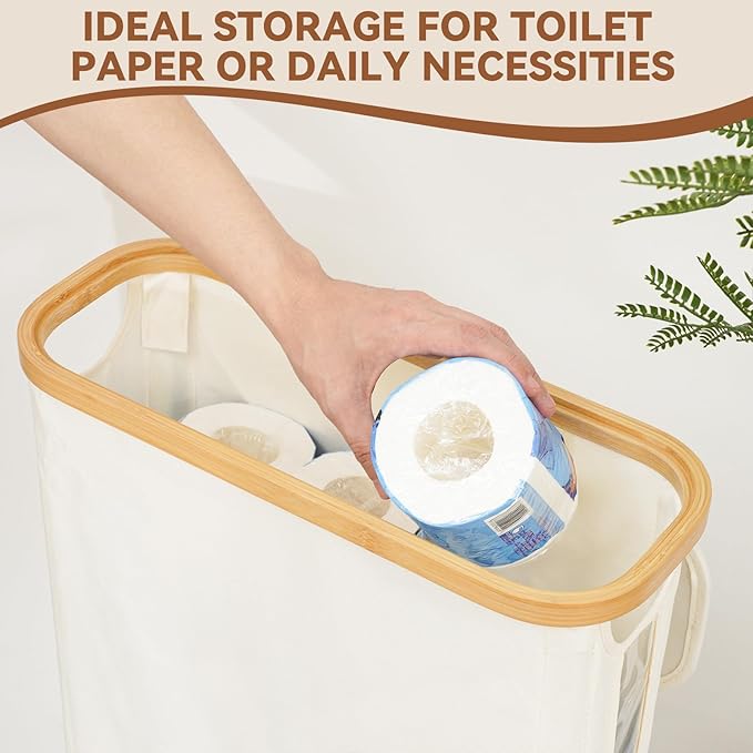 GARPROVM Toilet Paper Storage Basket with Lid, Slim Free Standing Toilet Roll Storage Holder Stand with See Through Window, Holds up to 20 Regular Rolls or 12 Mega Rolls Bathroom Organizer, Beige