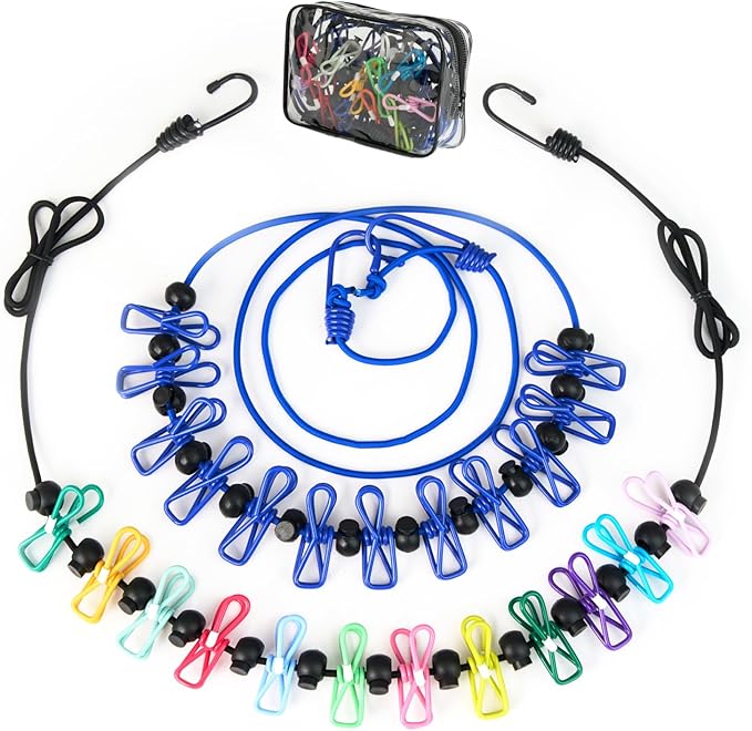 2 Pack Camping Portable Clothesline with for Travel 12 Clips, Colorful & Blue Windproof Retractable Clothesline Kit for Camping, Home, Cruise, Hotel