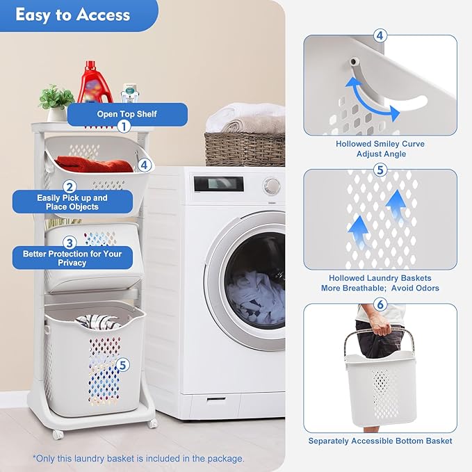 3 Tier Laundry Basket with Wheels, Laundry Basket Storage Rack Freestand Laundry Hamper Basket Sorter for Kitchens, Bathrooms, Bedrooms Clothes Storage Organizer, White