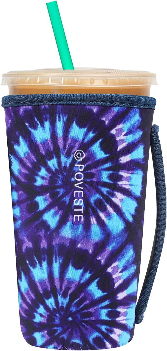 Reusable Neoprene Insulator Sleeve for Iced Coffee & Cold Soda, Coffee Sleeves for Iced & Hot Drinks, Cold Beverage Cooler Compatible with Starbucks, Dunkin (Tie dye World, Large: 32oz)
