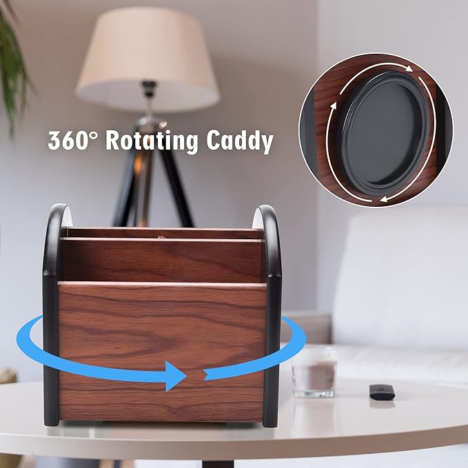 Wooden Desk Organizer, 4 Compartment Revolving Wood Desktop Organizer Office Supplies Rotating Remote Control Caddy Holder (Desk Organizer-4)