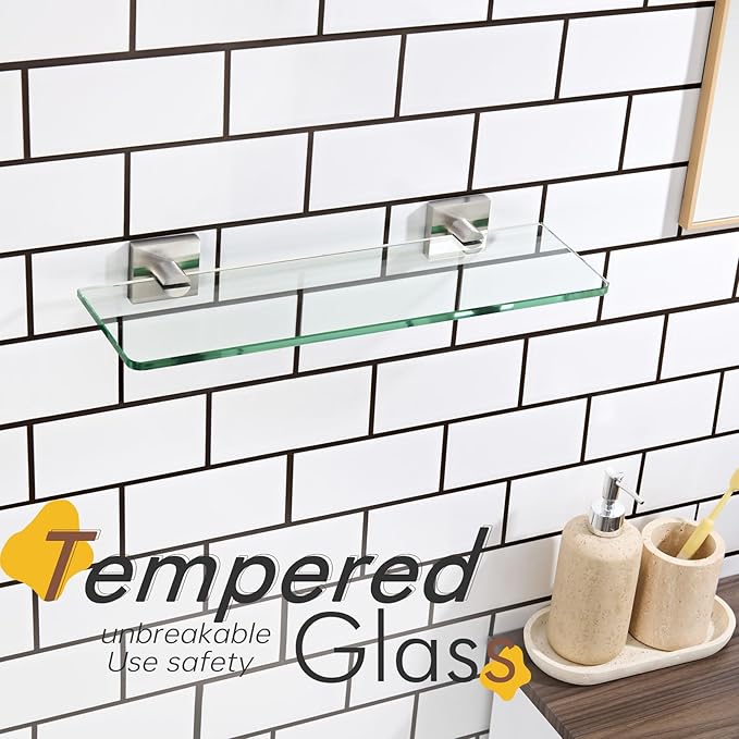 KOKOSIRI Glass Shelf for Bathrooms Floating Shelves Wall Mount 16-Inch for Shower Storage Kitchen Rack, 2 Pack Brushed Stainless Steel B1107BR-L16-P2