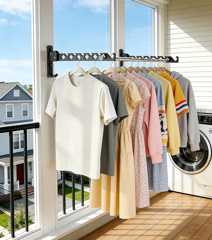 Wall Mounted Clothes Drying Rack Foldable,Laundry Drying Rack,Coat Hanger Stand, Aluminium Bracket Hook for Laundry Room Bathroom Kitchen Balcony Wardrobe RVs,Black 2 Pack