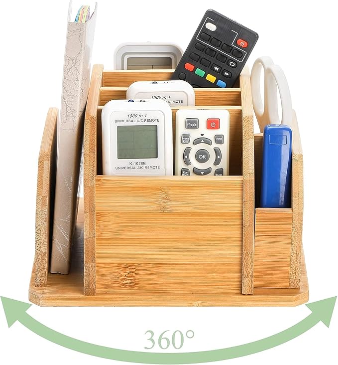 yarlung Bamboo Rotating Remote Control Holder for Table, 7 Compartments Office Supplies Organizer 360° Spinning Desktop Storage Caddy for Pen, Colored Pencil, Book Sewer, Sticky Notes
