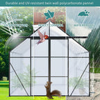 Double Sliding Door Polycarbonate Greenhouse with Rain Gutter and Roof Vent, Raised Base and Anchor Aluminum Heavy Duty Walk-in Green House, Outdoor Patio Sunroom (Black, 121.25*94.5*89.5in)