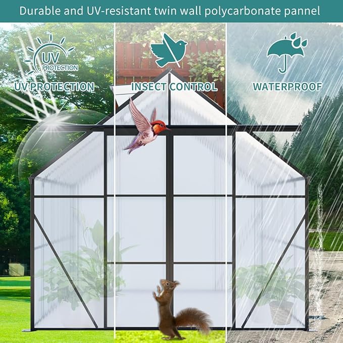 Double Sliding Door Polycarbonate Greenhouse with Rain Gutter and Roof Vent, Raised Base and Anchor Aluminum Heavy Duty Walk-in Green House, Outdoor Patio Sunroom (Black, 121.25*94.5*89.5in)