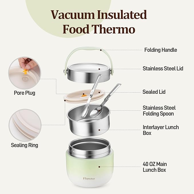 40oz Insulated Food Jar with 2 Compartments, Leak-Proof Thermo for Hot Food Wide Mouth Stainless Steel Includes Spoon and Fork Soup Thermo Lunch Containers Bento Box for Adults, Silver