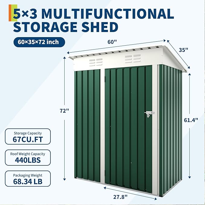 5×3FT Storage Shed，67CU.FT Tool Shed with Sloping Roof and Lockable Door, Compact Metal Tool Garden Shed for Garden, Backyard, Patio