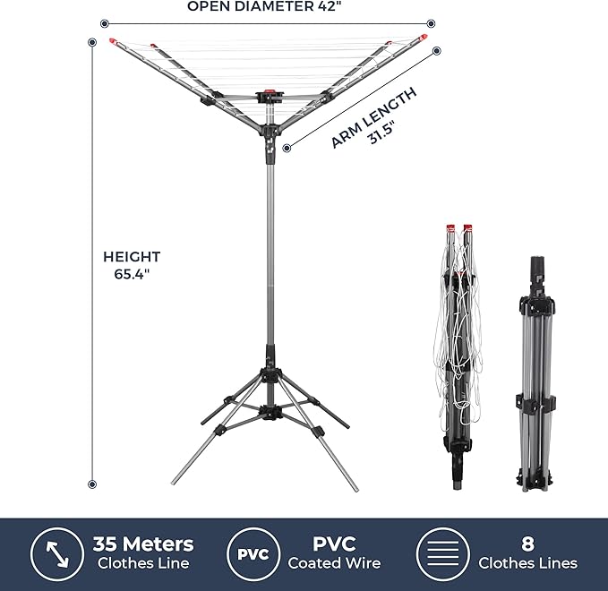 STO STO Portable Umbrella Clothesline, 82 Feet Rotary Drying Rack with Adjustable Height, Freestanding Laundry Line for Backyard, Patio, Balcony & Camping, Easy Setup with Carry Bag, No Tools Required