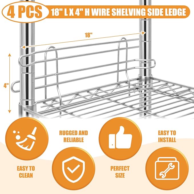4 Pcs Chrome Wire Shelf Ledge 18" L x 4" H Wire Shelving Side Ledge Metal Shelves Accessories Pantry and Garage Storage (Silver)