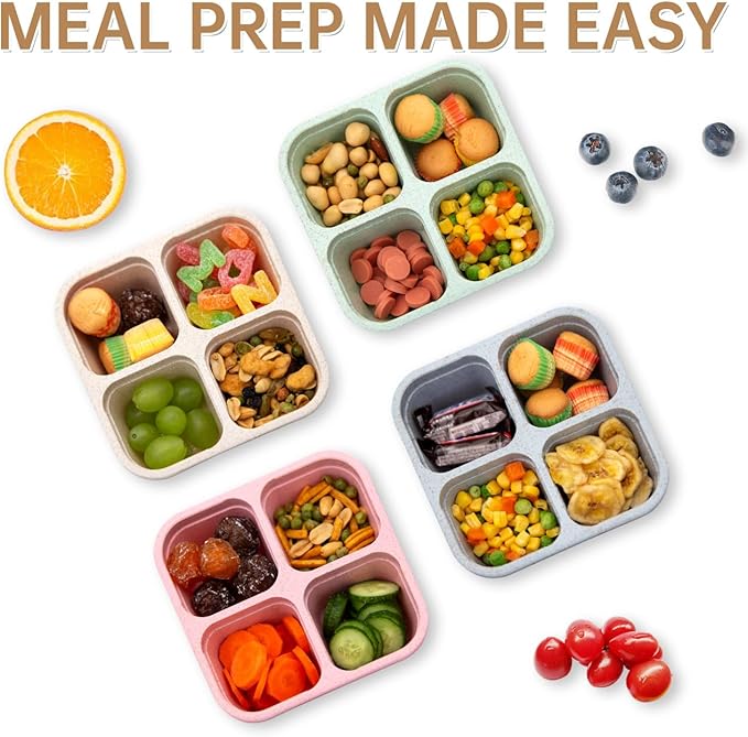 4 Pack Bento Lunch Box，4 Compartment Snack Containers，Divided Bento Snack Box，Meal Prep Containers Kids/Toddle/Adults,Food Storage Containers for School, Work and Travel