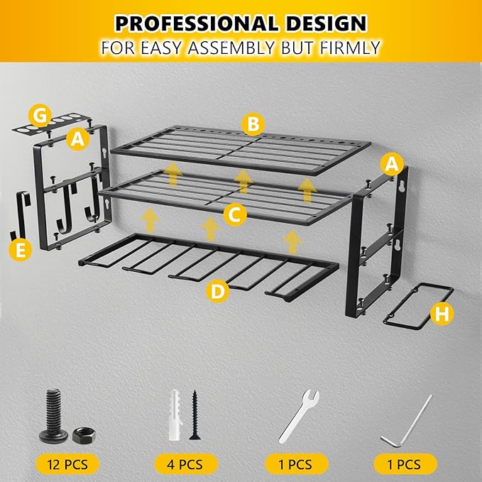 Wall Mount Power Tool Organizer, 3 Layers Floating Tool Rack with 4 Cordless Drill Holders, Storage Rack for Workshop/Garage, 150Lbs Load Capacity, Heavy Duty Iron, Matte Black