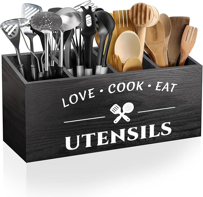 Rustic Wooden Utensil Holder for Countertop - 4 Compartment Farmhouse Heavy-Duty Flatware Caddy & Silverware Organizer - Large Kitchen Decor for Spoons, Forks, Parties, Coffee Bar & RV