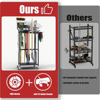 Garden Tool Organizer with Wheels, Heavy Duty Rolling Yard Tool Rack with 14 Hooks & 5 Slots, 3-Tier Metal Cart Holds 50+ Rakes/Shovels/Brooms, Mobile Lawn Storage for Garage Shed Outdoor