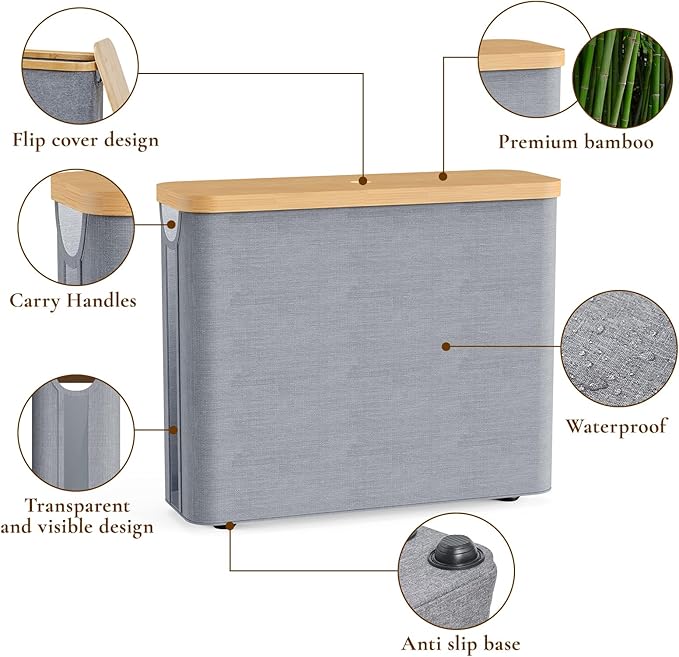 Toilet Paper Storage Basket with Bamboo Lid, Toilet Paper Holder with Storage, Free Standing Bathroom Storage Organizers with Non-Slip Bottom, Grey 1 Pack