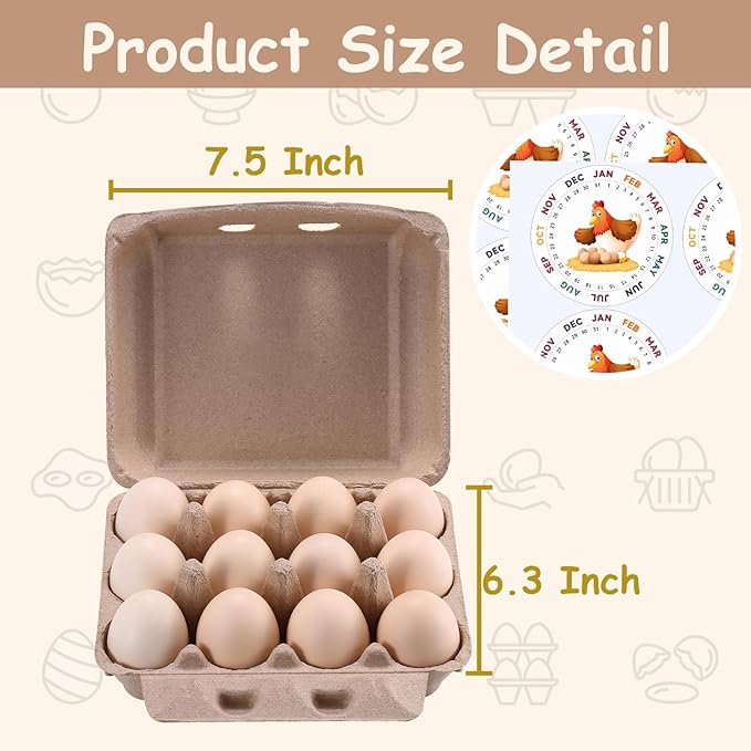200 Pcs Vintage Egg Cartons with Labels, Square Dozen Egg Basket Blank Natural Paper Pulp, Classical 3x4 Style Holds Up to One Twelve 12 Count Chicken Eggs, Sturdy Eggs Box with Stickers