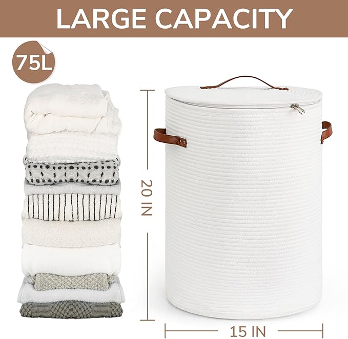 CHICVITA Tall Laundry Basket with Lid, White Clothes Laundry Hamper for Nursery, Cotton Rope Storage Basket for Clothes, Blankets, Toys, Laundry Bin, 15 x 20 inches