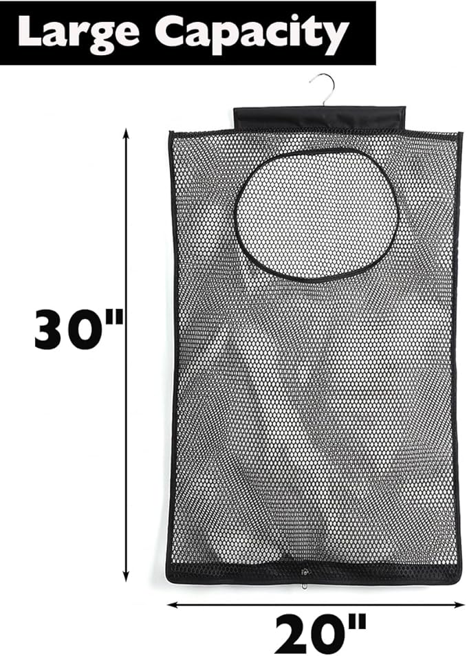 ALYER Breathable Mesh Laundry Hamper,Foldable Hanging Closet Storage Basket,Portable Space Saving Dirty Clothes Bag (Black)