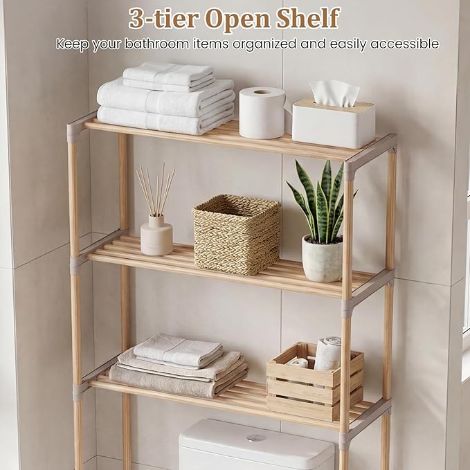 COSTWAY 3-Tier Over The Toilet Rack, Solid Wood Vertical Organizer with Slatted Shelves, Freestanding Space-Saving Toilet Storage Rack for Bathroom, Laundry Room
