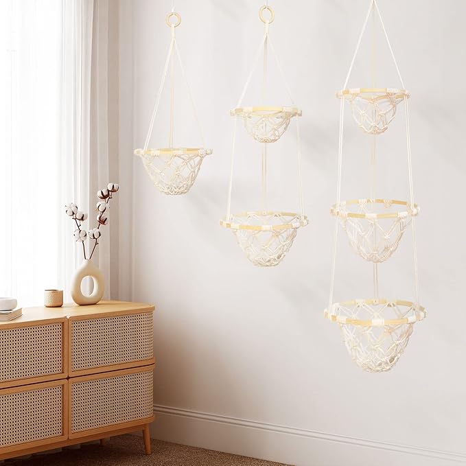 Single Tier Macrame Hanging Fruit Basket, Boho Vegetable Holder for Kitchen Food Storage with Hook, Bohemian Cotton Produce Organizer, Plant Hanger Decor for Home Bathroom Bedroom Women Christmas Gift