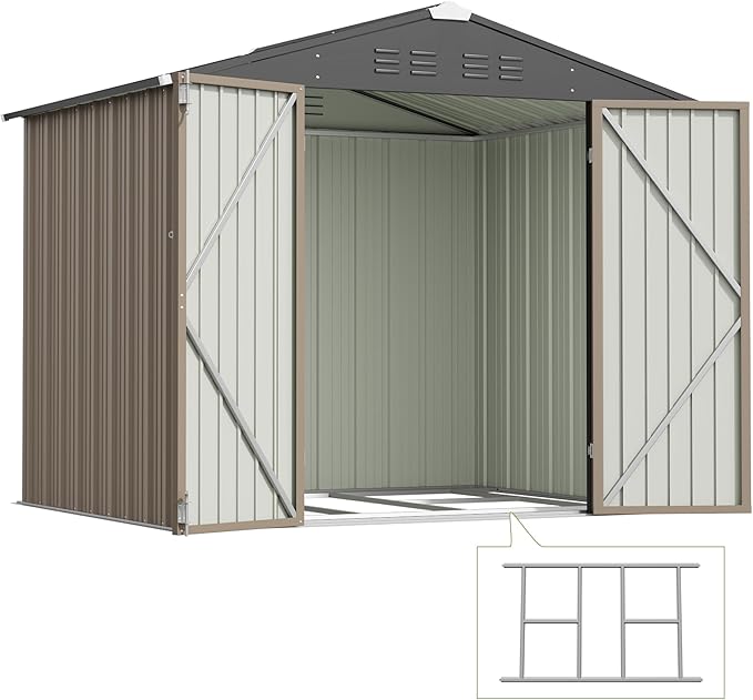 Devoko 8 x 6 FT Metal Storage Shed with Floor Frame Waterproof Garden Tool Shed with Lockable Door, Outdoor Shed Storage House for Backyard Patio Lawn, Brown