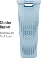Mind Reader Slim Laundry Hamper with Lid, 40L Clothes Basket, Premium Wicker Design, Plastic, Baby Blue