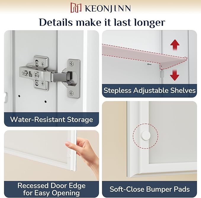 Keonjinn White Medicine Cabinet 14 x 18 Inch, Assembly Required, Medicine Cabinet Mirror for Compact Bathroom, One Shelf Only, Free Adjustable Shelves, Wall Mount or Recessed, Tempered Glass
