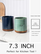 Utensil Holder, 360° Rotating Extra Large Ceramic Kitchen Utensil Holder for Countertop, 7.3“ Cooking Utensil Crocks for Kitchen Counter with Rotatable Wooden Base, Farmhouse Decor, Dark Blue