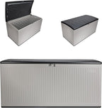 Suncast 160-Gal. Resin Extra-Large Outdoor Patio Deck Box with Pad-Lockable Lid, Modern Reeded Outdoor Patio Bench/Storage Box for Cushions, Garden Tools, and More, Iron Ore/French Gray