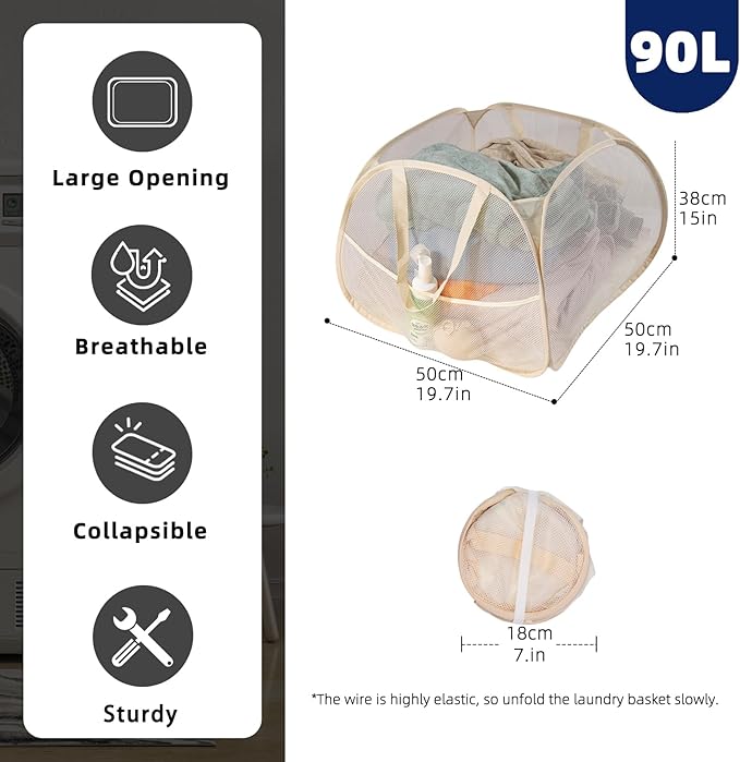 Collapsible Laundry Basket 90L, Foldable Mesh Pop-up Laundry Hamper with Handles, Dirty Clothes Hamper for Laundry with Side Storage Pocket(Beige, 2PCS)