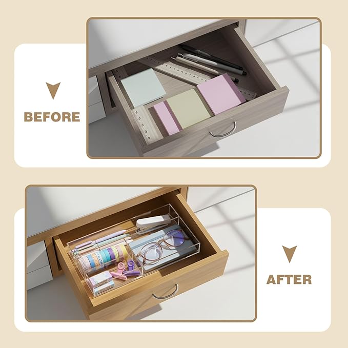 Acrylic Desk Drawer Organizer 11 x 6.1 x 1.38 Inch Storage Tray Organizer for Pens, Stationery, Desktop, Office, Bathroom, Kitchen, Makeup Supplies(4 Compartments, Clear)