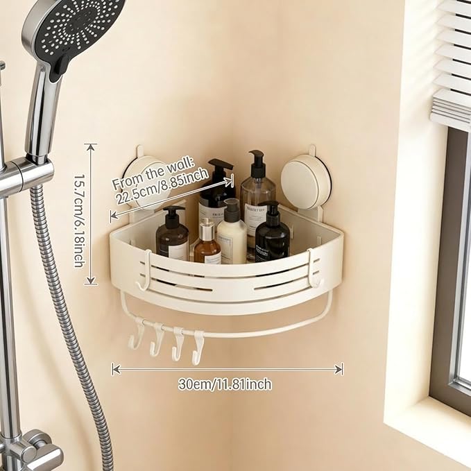 No-Drilling Corner Suction Cup Shower Caddy(1-Pack Cream White),Rust-Proof and Durable Bathroom Organizer with Towel Bar & Hooks,Modern Large-Capacity Wall-Mounted Shower Shelf