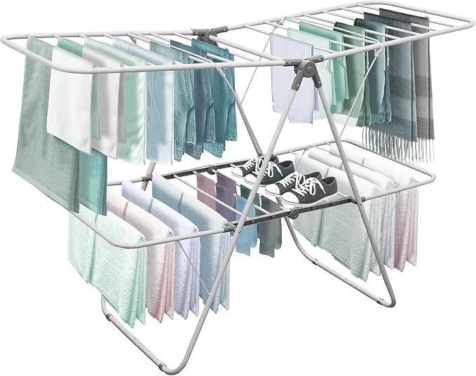 Brookstone 2 Tier Folding Rack - Indoor/Outdoor Collapsible Clothes Dryer Stand Laundry or Shoe Rack, Heavy Duty Freestanding Garment Hanger, Foldable, Clothing Drying Rack, White
