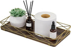 Toilet Paper Basket Holder, 13" Toilet Tank Tray, Wood and Metal Toilet Tray Vanity Organizer Bathroom Tray, Kitchen Sink Organizer for Soap Dispenser (Brown+Gold)