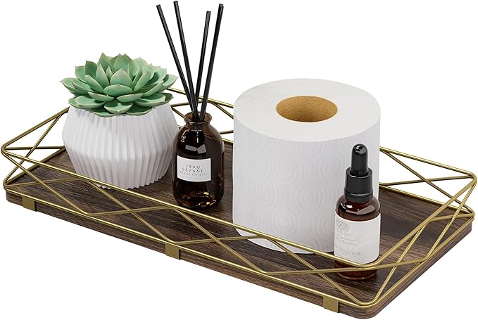 Toilet Paper Basket Holder, 13" Toilet Tank Tray, Wood and Metal Toilet Tray Vanity Organizer Bathroom Tray, Kitchen Sink Organizer for Soap Dispenser (Brown+Gold)
