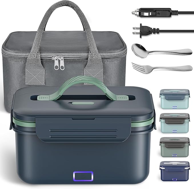 Vingud Electric Lunch Box 100W, 4 in 1 Heated Lunch Box for Adults, Heating Lunch Box for Work/Car/Truck with Fork Spoon and 1.8L Stainless Steel Container, 12V 24V 110V 220V, Dark Gray
