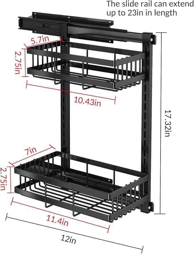 Under Sink Organizer, 2 Tier Carbon Steel Pull Out Under Cabinet Organizer - Height Adjustable Side Cabinet Mountable Slide Out Rack for Kitchen Bathroom (Medium)