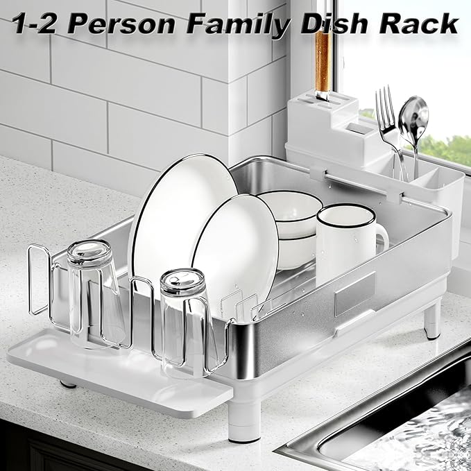 Ewaiira Dish Drying Rack, 304 Stainless Steel Dish Racks for Kitchen Counter, Dish Drainers with Automatic Drainage, Utensil Holder & Cups Holder, Space Saving Kitchen Organizer, White