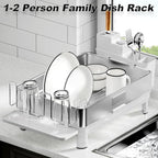 Ewaiira Dish Drying Rack, 304 Stainless Steel Dish Racks for Kitchen Counter, Dish Drainers with Automatic Drainage, Utensil Holder & Cups Holder, Space Saving Kitchen Organizer, White