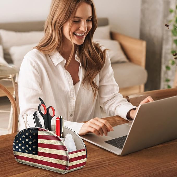 FINTIE Remote Control Holder, 5 Compartments Vegan Leather TV Remoter Caddy Desktop Organizer Makeup Brush Holder Storage Fits TV Remotes, Media Controllers, Office Supplies(US Flag)