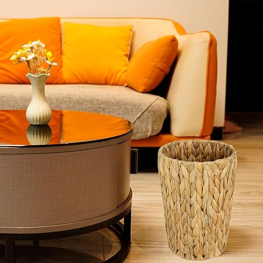Small Wicker Trash Can, Small Bathroom Trash Can, Boho Waste Basket for Bedroom, Home, Office, Water Hyacinth Wicker Waste Basket for Bathroom, Compact Spaces (Round, 2 Gallon)