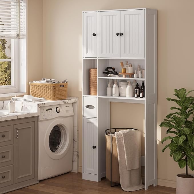 Ahomly Over The Toilet Storage Cabinet, Over Toilet Bathroom Organizer with Adjustable Shelves and Five Doors, Above Toilet Storage Cabinet for Bathroom, Restroom, Laundry, White