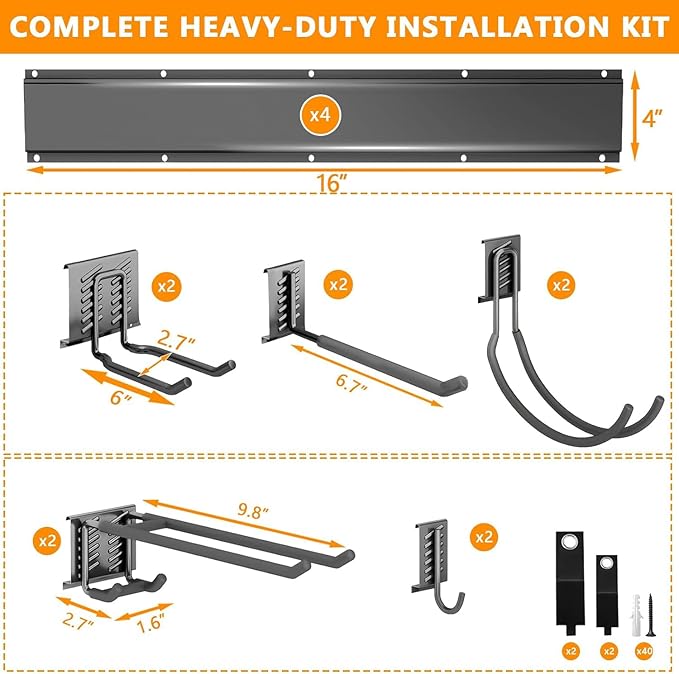 64'' Garage Tool Organizer Wall Mount - Heavy Duty 680 lbs Capacity Tool Rack with 10 Adjustable Hooks, Wall Mounted Storage System for Garage, Shed, Workshop (Black)